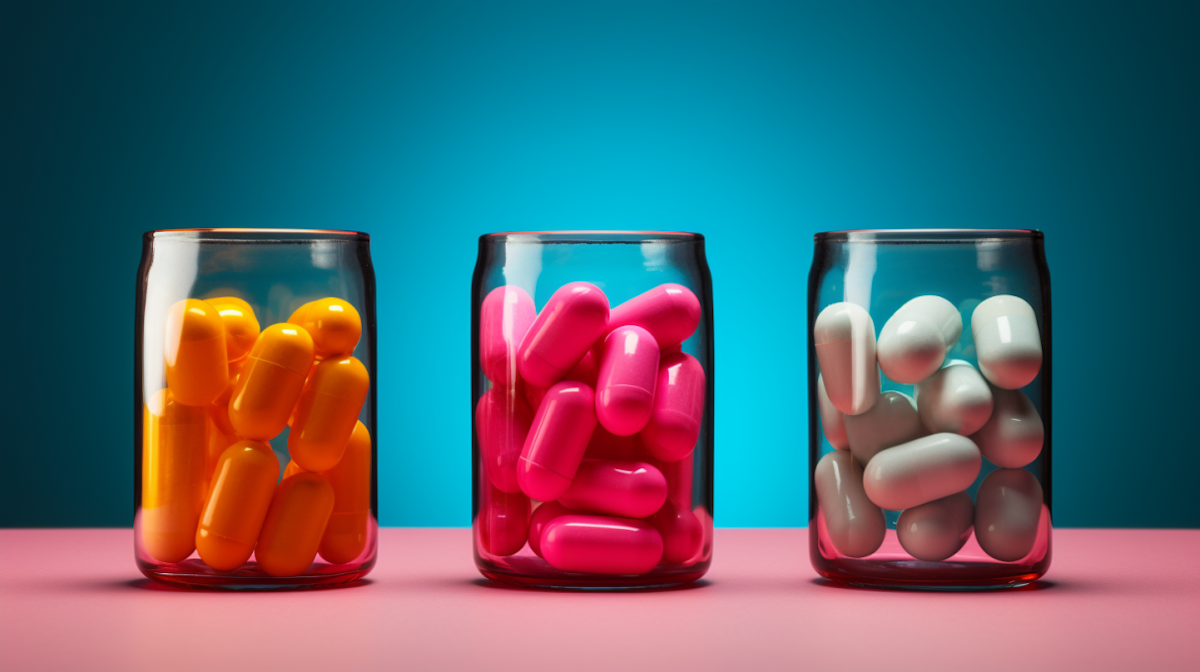 Foto, welches drei mit Pillen gefüllte Gläser in einer schönen Farboptik zeigt