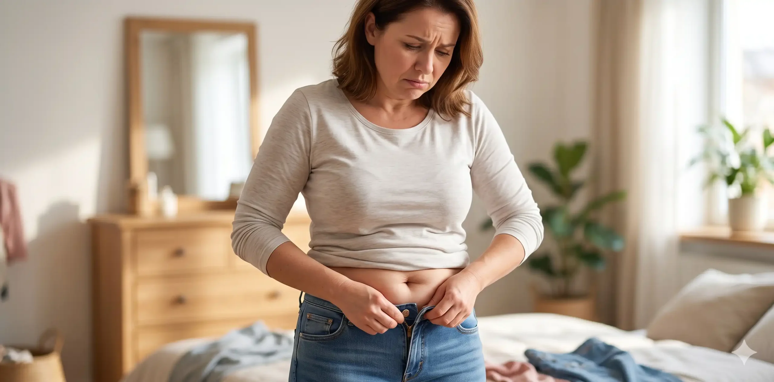 Frau versucht mit einem Hormonbauch der Wechseljahre eine zu eng gewordene Jeans zuzuknöpfen